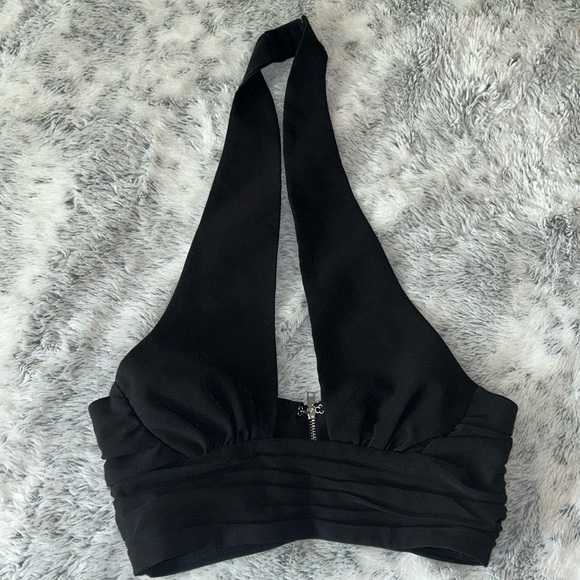 Oh Polly Tops - Oh Polly Black Halter Zip-Front Crop Top